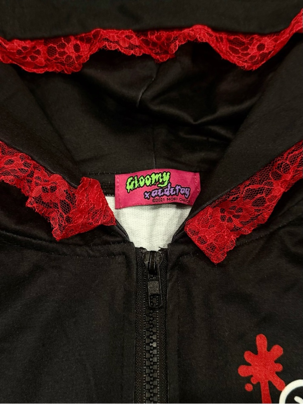 Gloomy Bear x ACDC Rag Black and Red Lace Zip Jacket - Picture 7 of 8